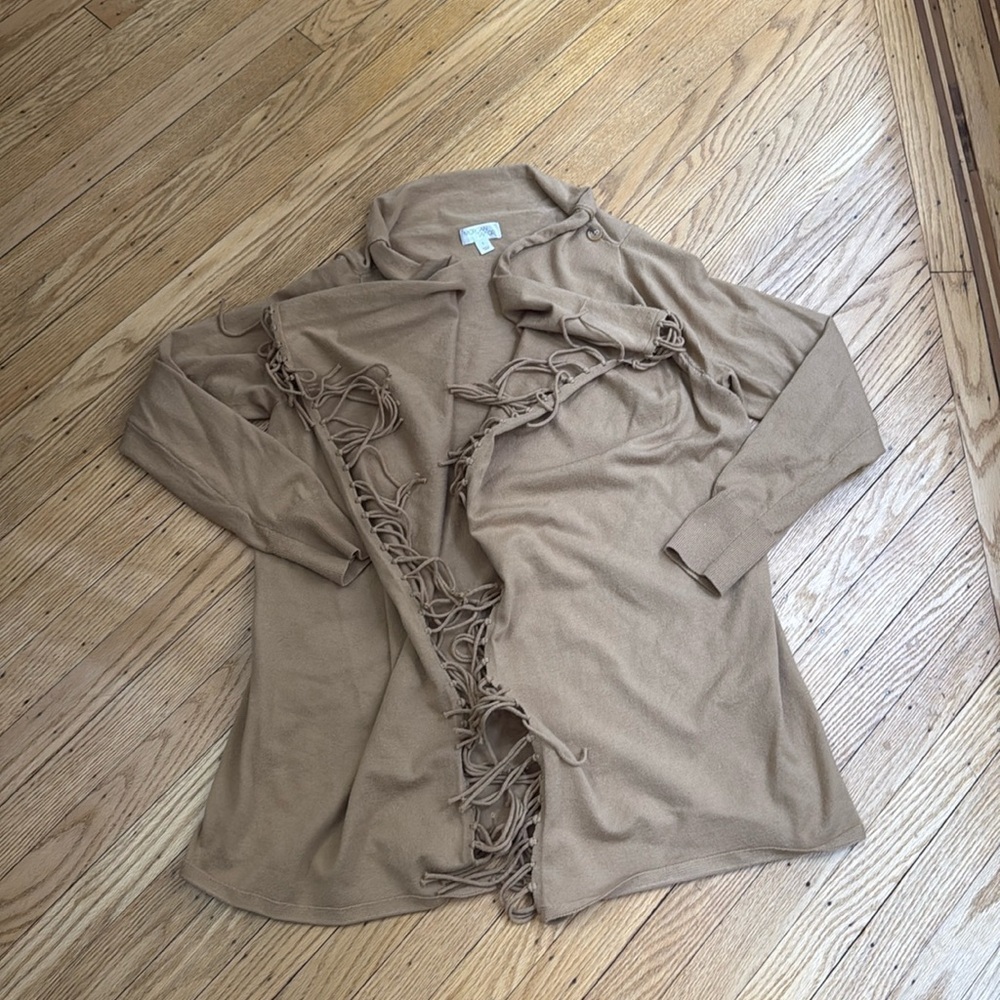 Morgan Taylor Tan Fringe Open Front Cardigan Sweater L